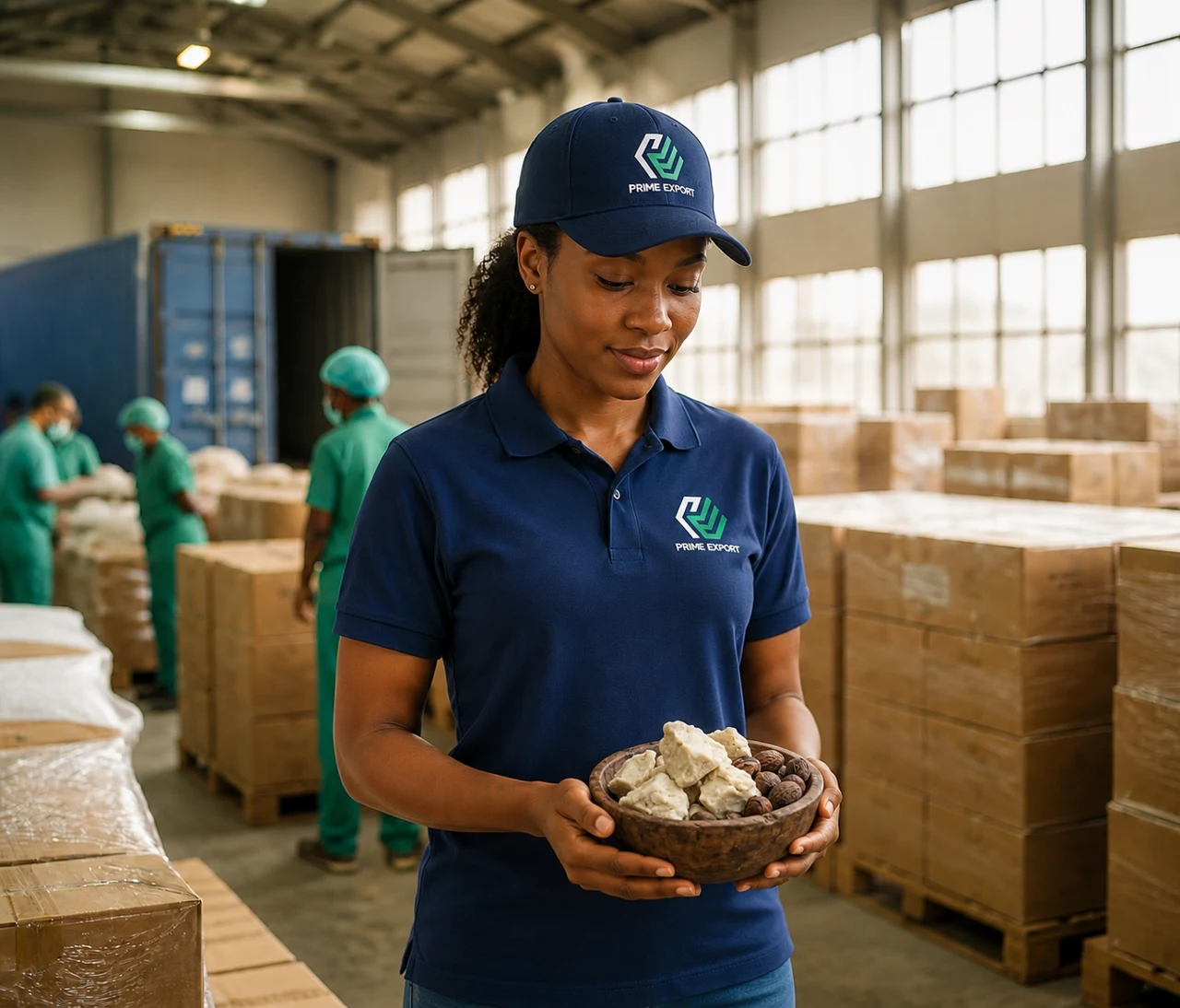 Prime Export specialist holding a bowl of premium shea products in a Nigerian export warehouse